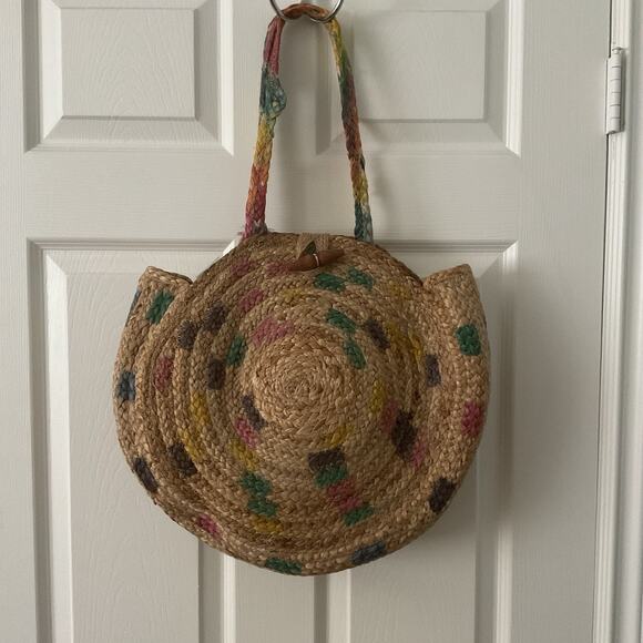 Colorful Woven Raffia Straw Circle Tote Beach Bag By Fabulous MJ Boho Summer - Picture 1 of 4